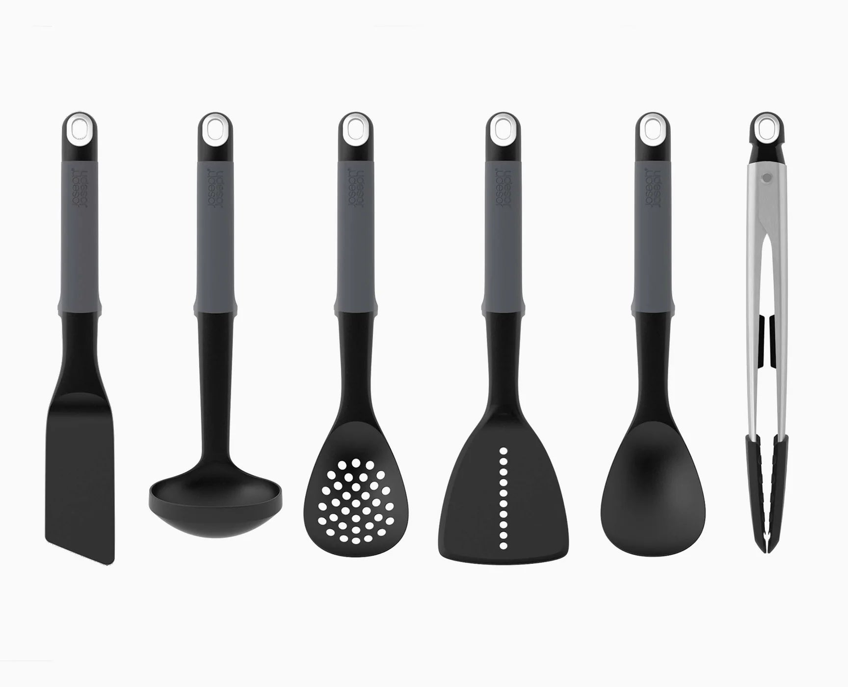 Six cooking utensils with gray handles and black tool heads, grouped for set view