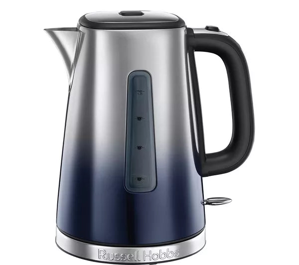 Silver and blue electric kettle with black handle on a white background