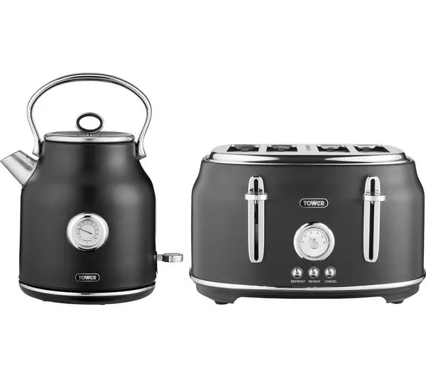 Tower Renaissance Kettle & 4 Slice Toaster Kitchen Set (Black) - Vibe Home