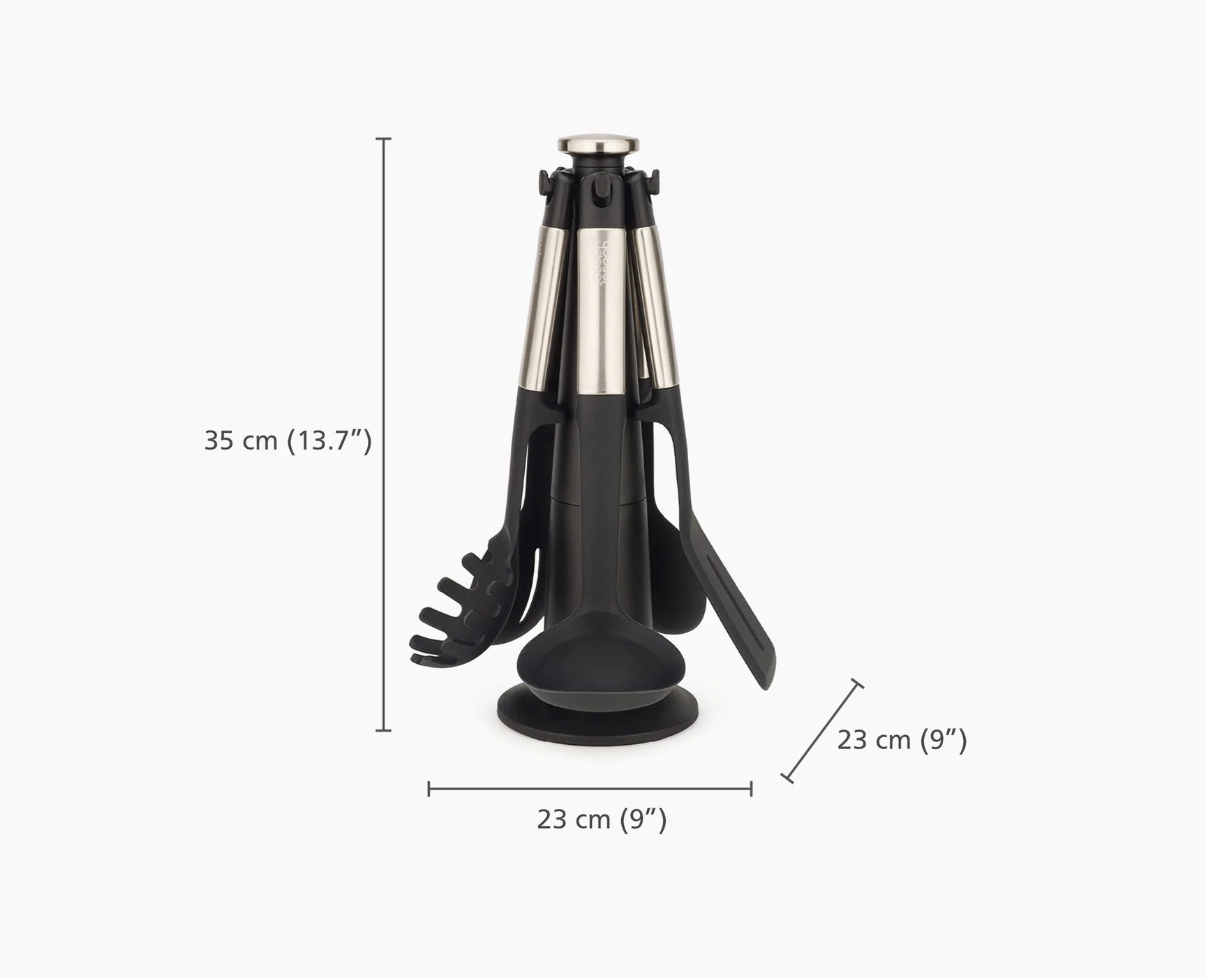 Black and stainless utensil carousel stand with five silicone tools