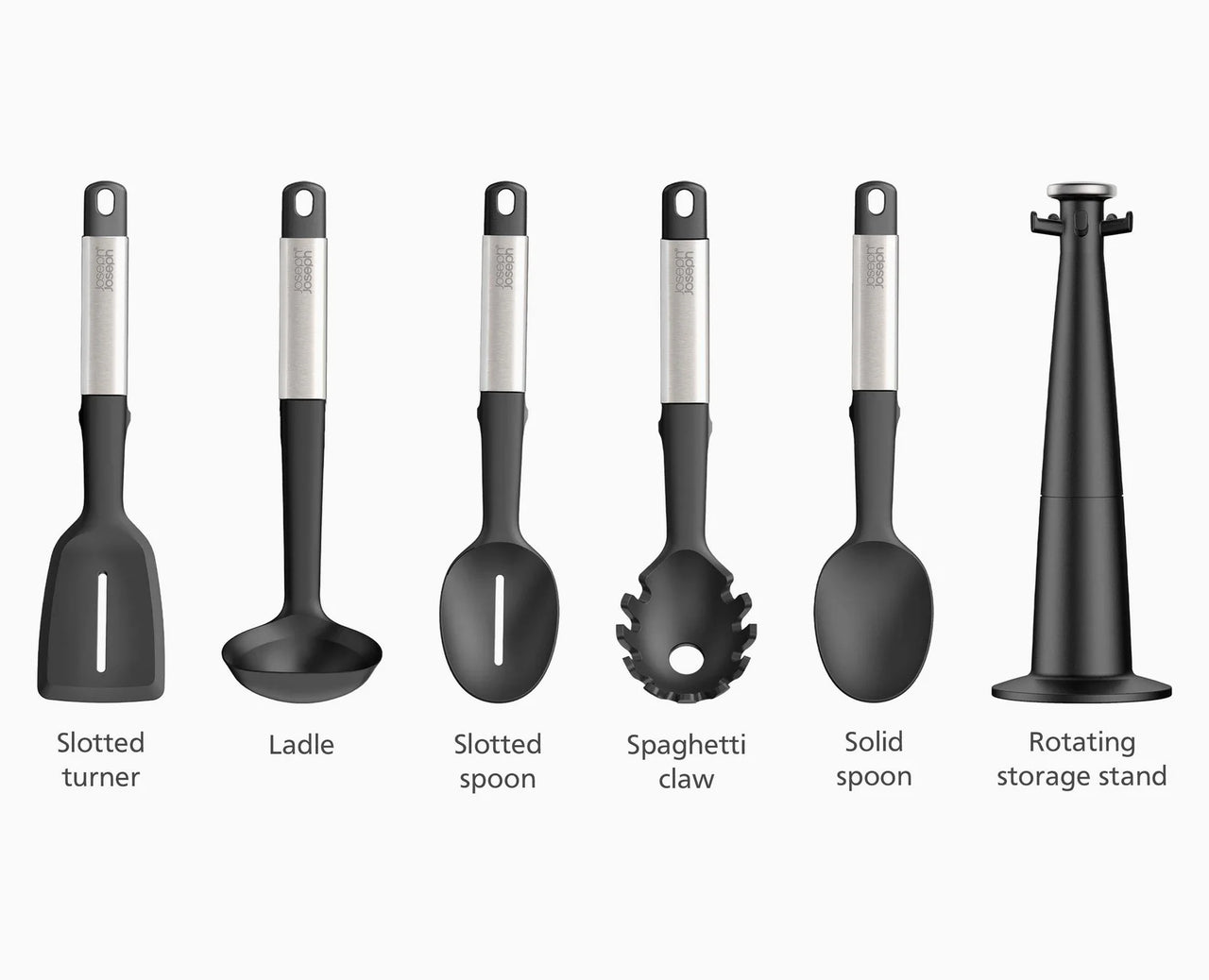 Black silicone cooking utensils with stainless handles, including turner and ladle