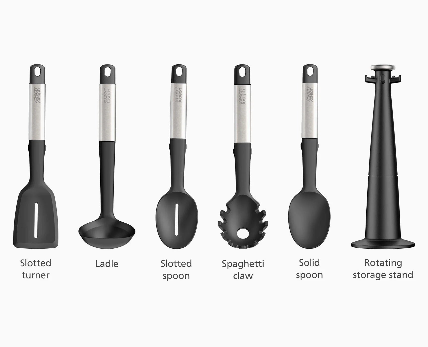 Black silicone cooking utensils with stainless handles, including turner and ladle