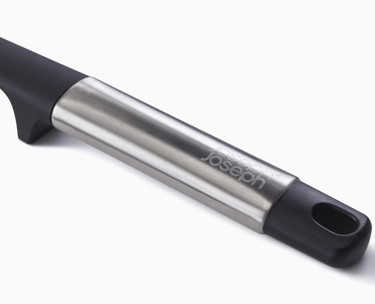 Black silicone kitchen utensil with stainless handle and hanging loop