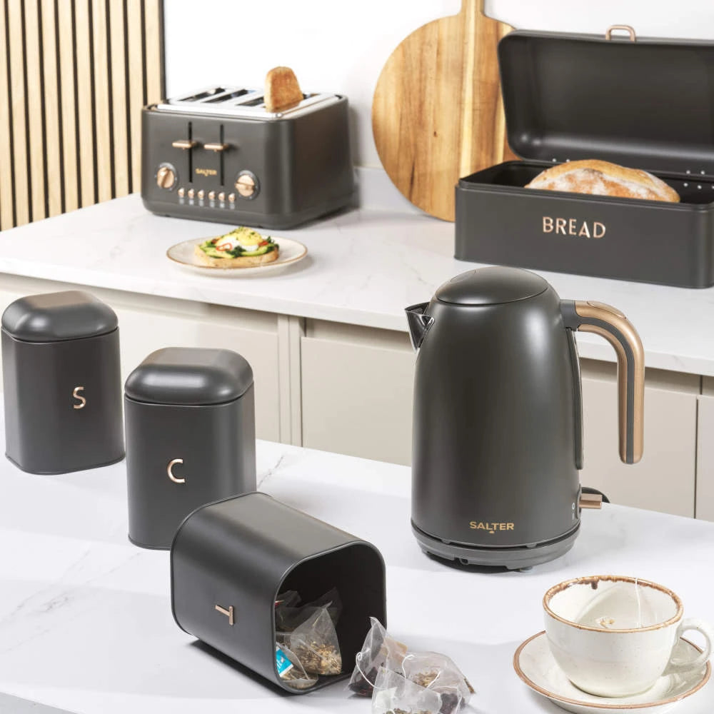 Salter Salter Pebble Bread Bin & Tea, Coffee, Sugar Canisters Storage Set (Charcoal)