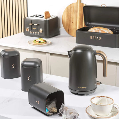 Salter Salter Pebble Bread Bin & Tea, Coffee, Sugar Canisters Storage Set (Charcoal)