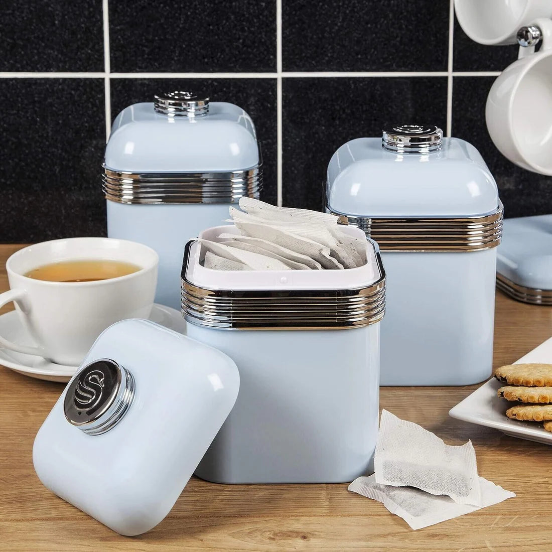 Swan Retro Blue Kitchen Set - Bread Bin, Canisters, Mug Tree & Towel Pole