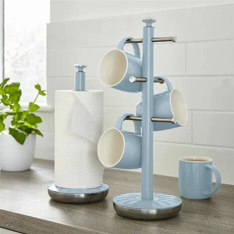 Blue towel pole and mug tree with four mugs and a paper towel roll