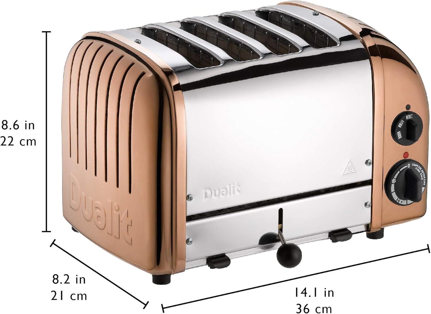 Copper and stainless 4-slice toaster with size dimensions and dual control dials