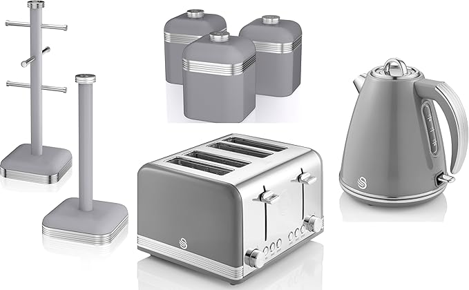 Swan Retro Kettle, 4 Slice Toaster, Canisters, Mug Tree & Towel Pole Kitchen Set (Grey)