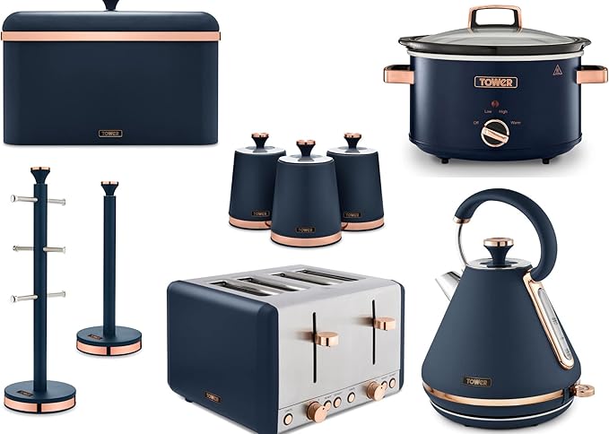 The Ultimate Tower Cavaletto Midnight Blue Kettle, 4 Slice Toaster, Slow Cooker, Bread Bin, Canisters, Towel Pole and Mug Tree Kitchen Set