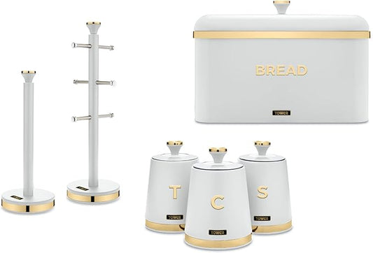 Brand New Tower Cavaletto  Kitchen Storage Set including Bread Bin, Tea, Coffee & Sugar Canisters, Mug Tree & Towel Pole. Contemporary Matching  Kitchen Set of 6 in Optic White & Champagne Gold