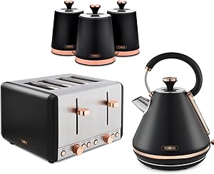 Tower Cavaletto Kettle, 4 Slice Toaster & Canisters Kitchen Set (Black)