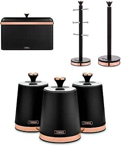 The Tower Cavaletto Black 6pc Kitchen Set including matching Bread Bin, Canisters, Mug Tree and Towel Pole