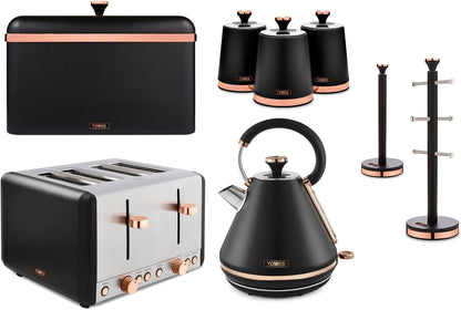 The Tower Cavaletto Black Kettle, 4 Slice Toaster, Bread Bin, Canisters, Mug Tree and Towel Pole Kitchen Set