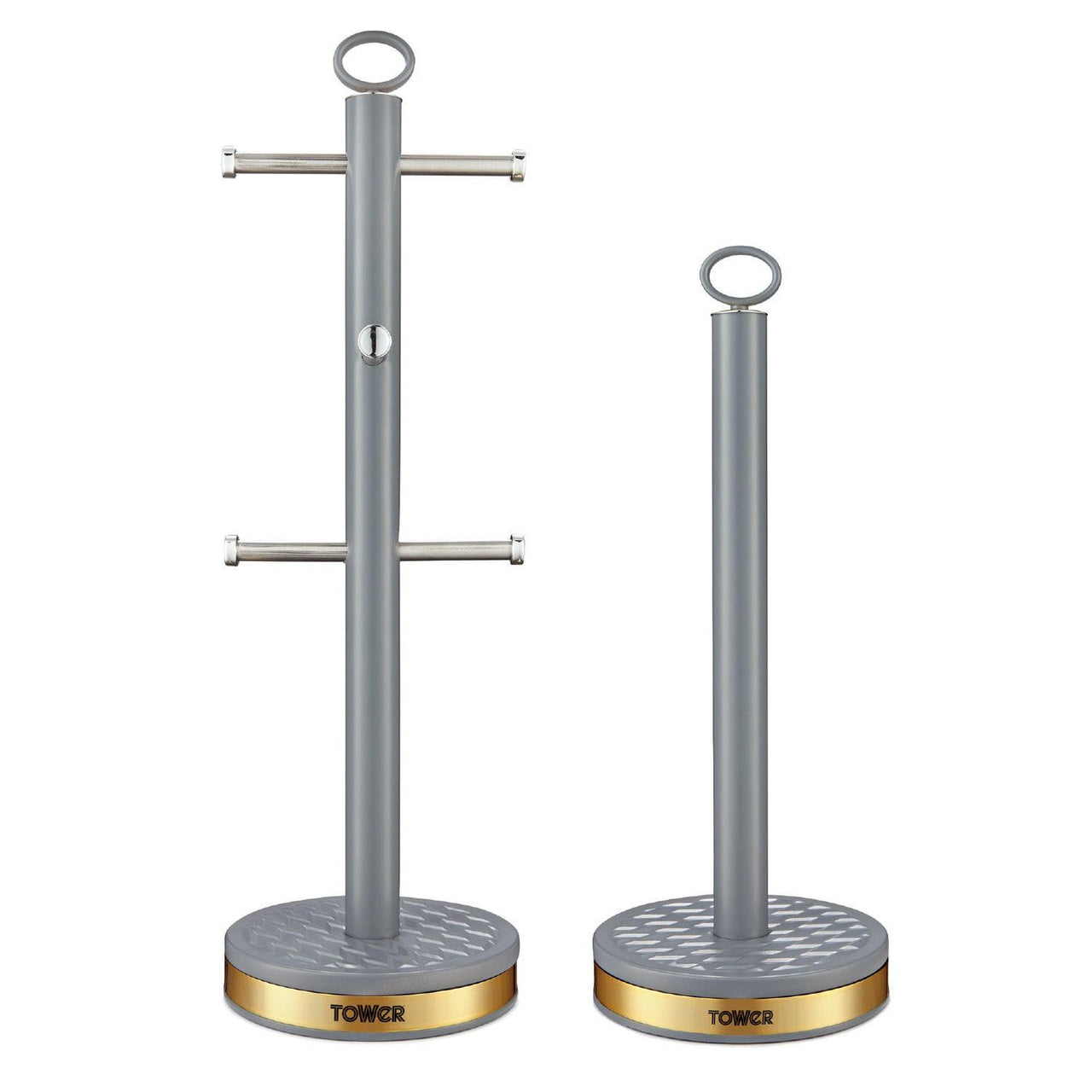 Grey mug tree and towel pole stand with ring top bars and circular weighted base