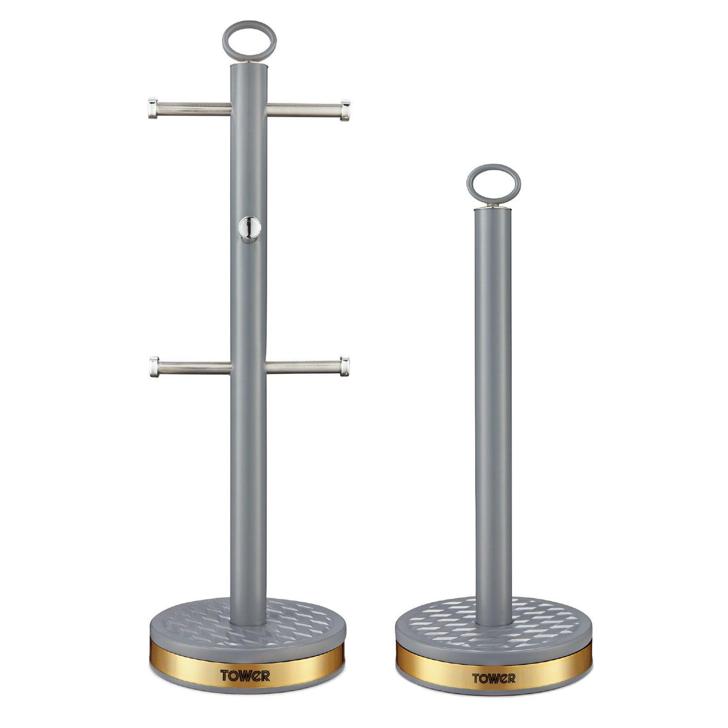 Grey mug tree and towel pole stand with ring top bars and circular weighted base