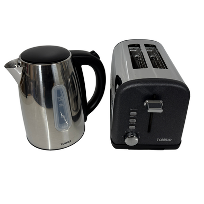 Tower Infinity Polished Steel Kettle & 2 Slice Toaster Matching Black Sparkle Glitz Set