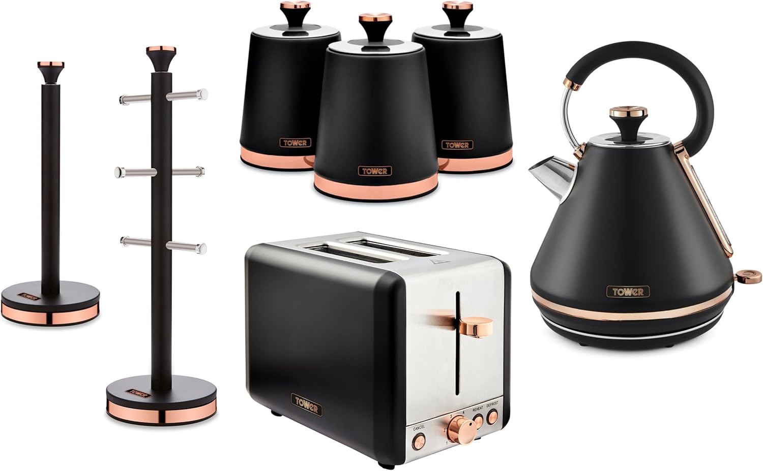 The Tower Cavaletto Black Pyramid Kettle, 2 Slice Toaster, Canisters, Mug Tree and Towel Pole Kitchen Set