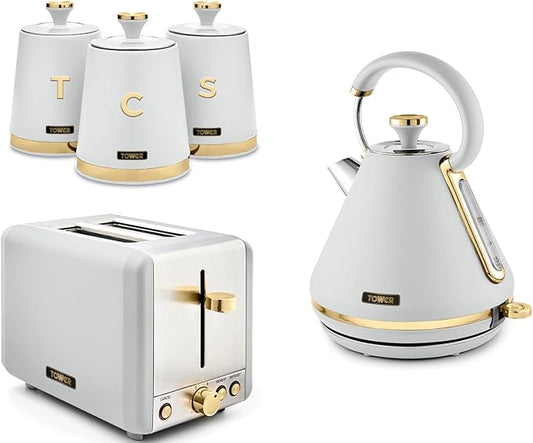 Tower Cavaletto Optic White Kettle, 2 Slice Toaster & Canisters Kitchen Set