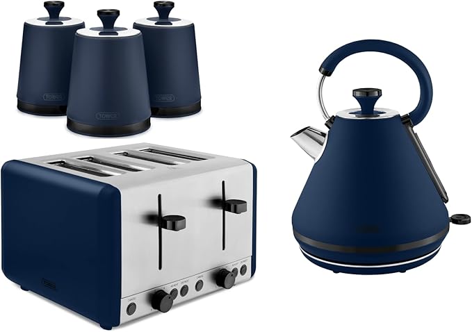 Tower Sera Kettle, 4 Slice Toaster & Canisters Kitchen Set (Midnight Blue)