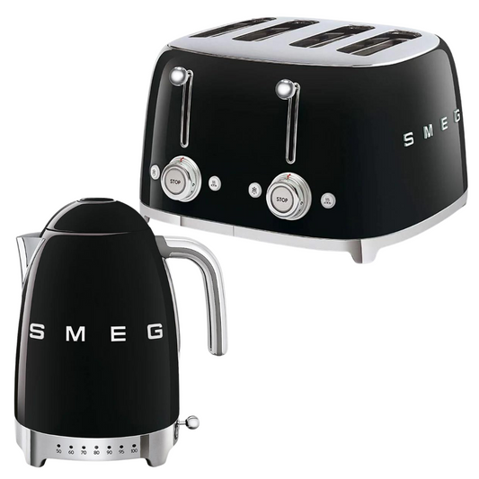 SMEG Black Kettle & 4 Slice Toaster Temperature Controlled Kitchen Set