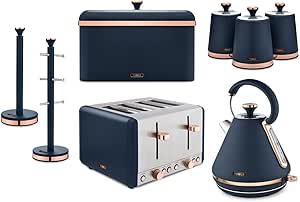 The Tower Cavaletto Midnight Blue 8pcs Kitchen Set including Kettle, 4 Slice Toaster, Bread Bin, Canisters, Towel Pole and Mug Tree