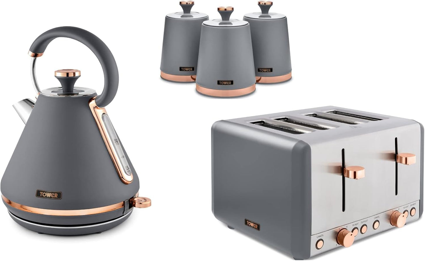 Tower Cavaletto Pyramid Kettle, 4 Slice Toaster & Canisters Kitchen Set (Grey)