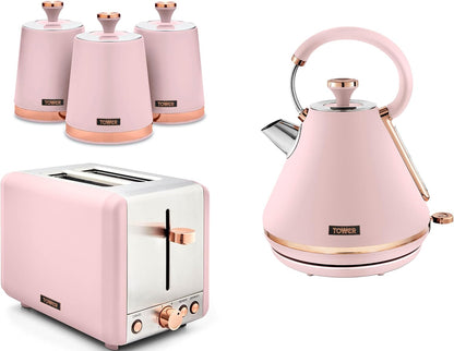 The Tower Cavaletto Marshmallow Pink Pyramid Kettle, 2 Slice Toaster and Canisters Kitchen Set