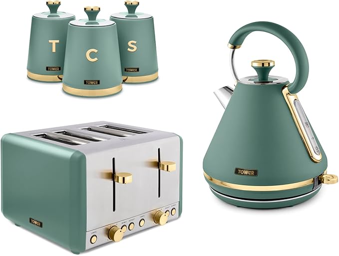 Tower Cavaletto Jade Green 5pc Kitchen Set Pyramid Kettle 4 Slice Toaster Canisters