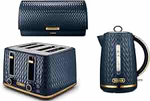 Tower Empire Kettle, 4 Slice Toaster & Bread Bin Kitchen Set (Midnight Blue)