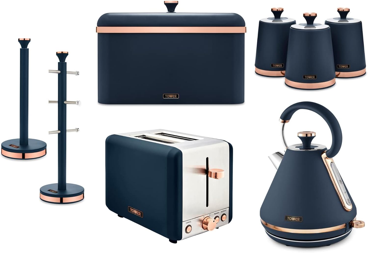 The Tower Cavaletto Midnight Blue Kettle, 2 Slice Toaster, Bread Bin, Canisters, Towel Pole and Mug Tree Kitchen Set