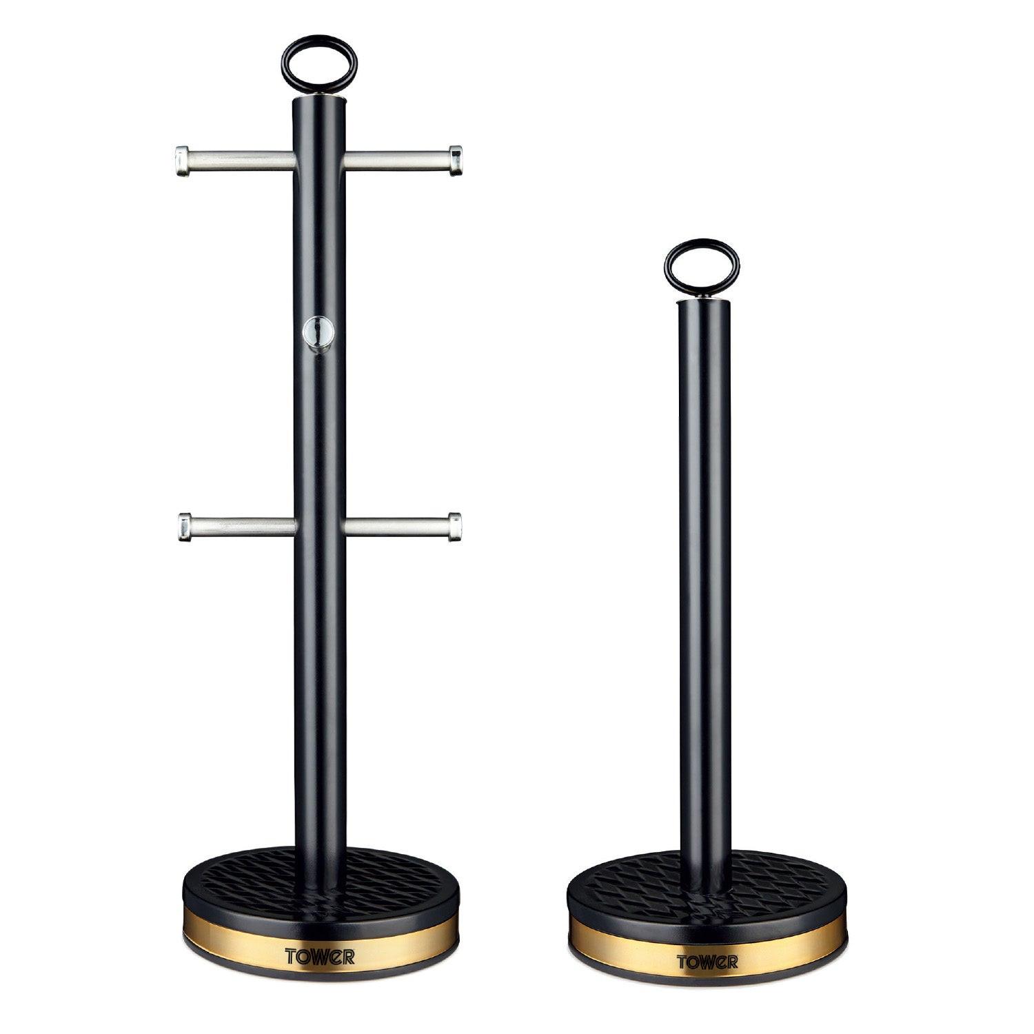Black mug tree and towel pole set with three side bars and anti-slip base, front view