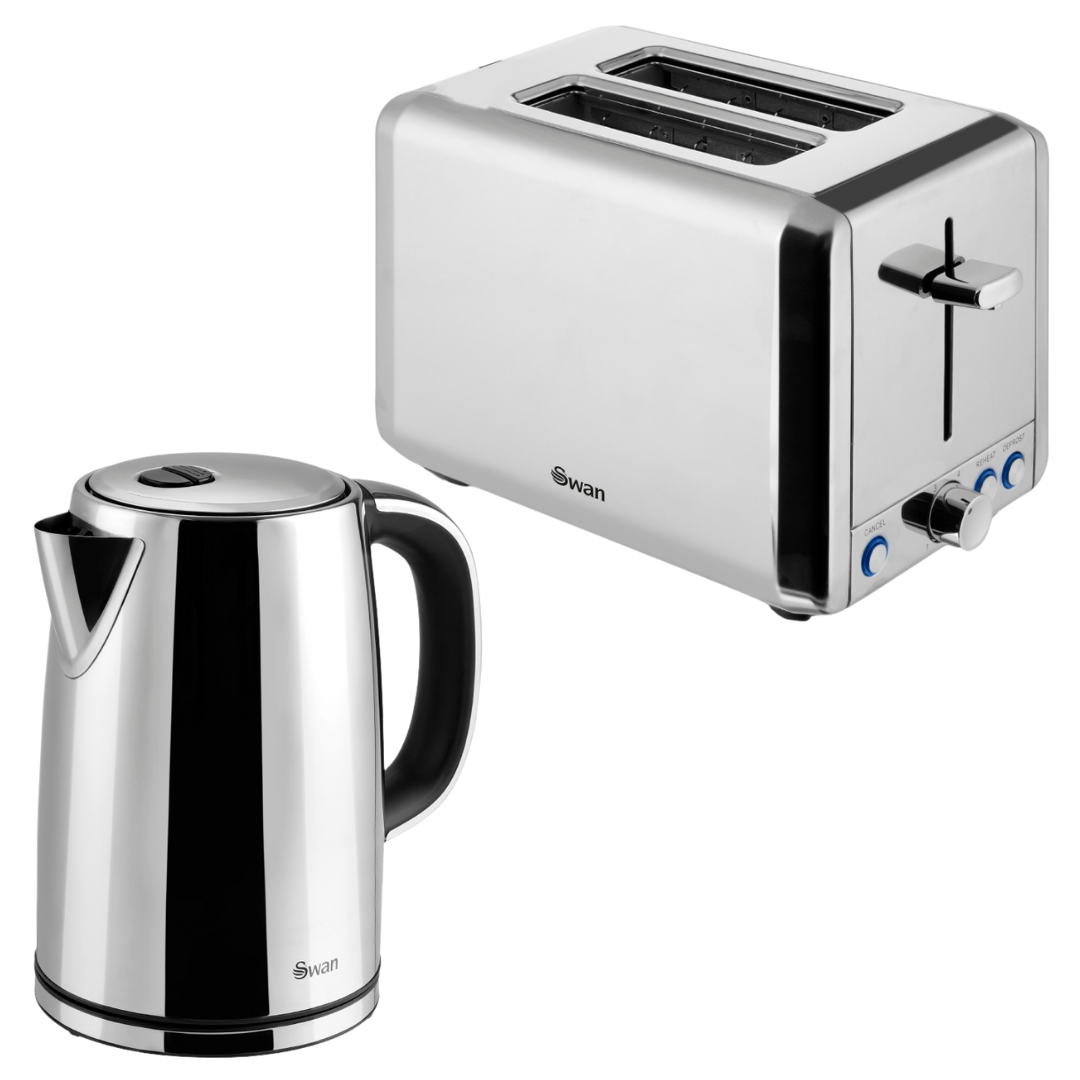 Swan Silver Kettle and Toaster Polished Stainless Steel Kitchen Set