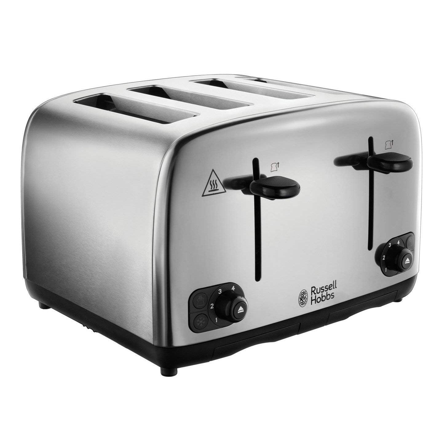 Silver 4-slice toaster with lever and browning controls, compact countertop design