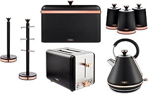 Tower Cavaletto Black Pyramid Kettle, 2 Slice Toaster Bread Bin Canisters Kitchen Set