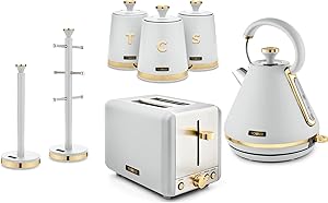 The Tower Cavaletto Optic White Kitchen Set including a pyramid Kettle,&nbsp; 2 Slice Toaster, Canisters, Mug Tree and Canisters