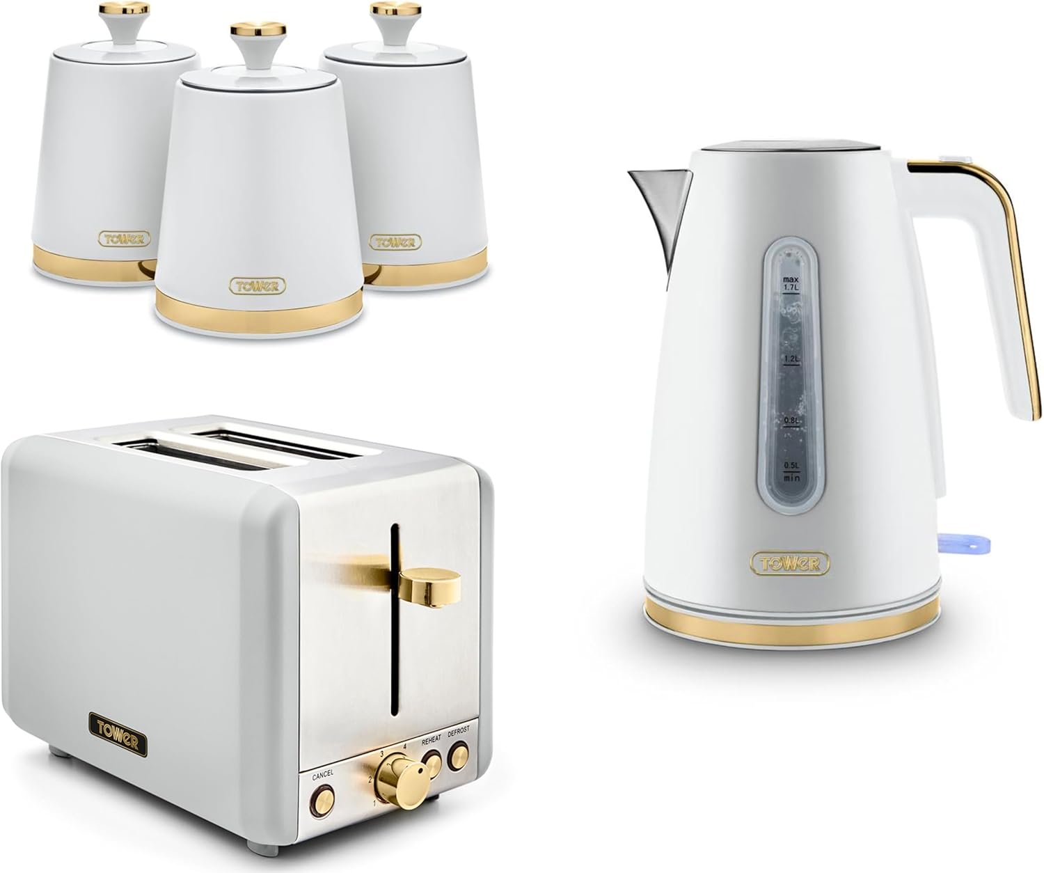 Tower Cavaletto White Jug Kettle, 2 Slice Toaster & Canisters Set
