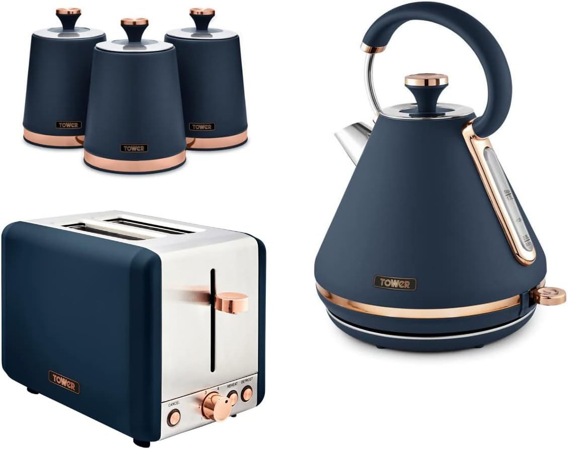 Tower Cavaletto Midnight Blue Kettle, 2 Slice Toaster & Canisters Kitchen Set