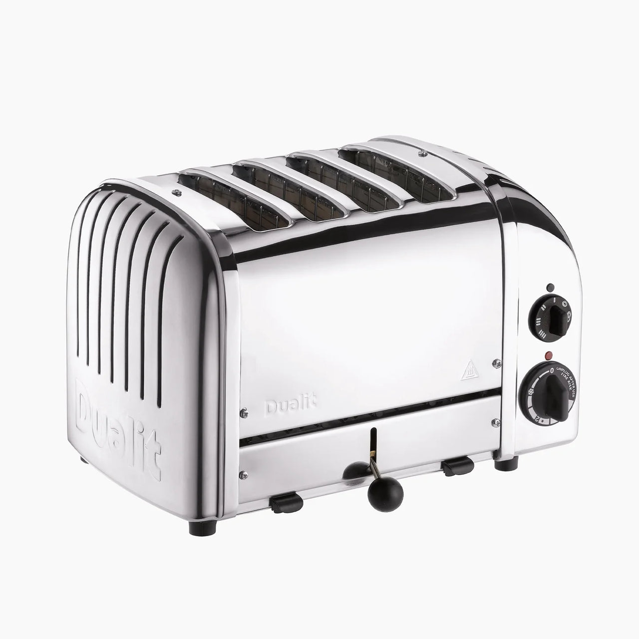 Front view stainless steel 4-slice toaster with two control knobs and slots