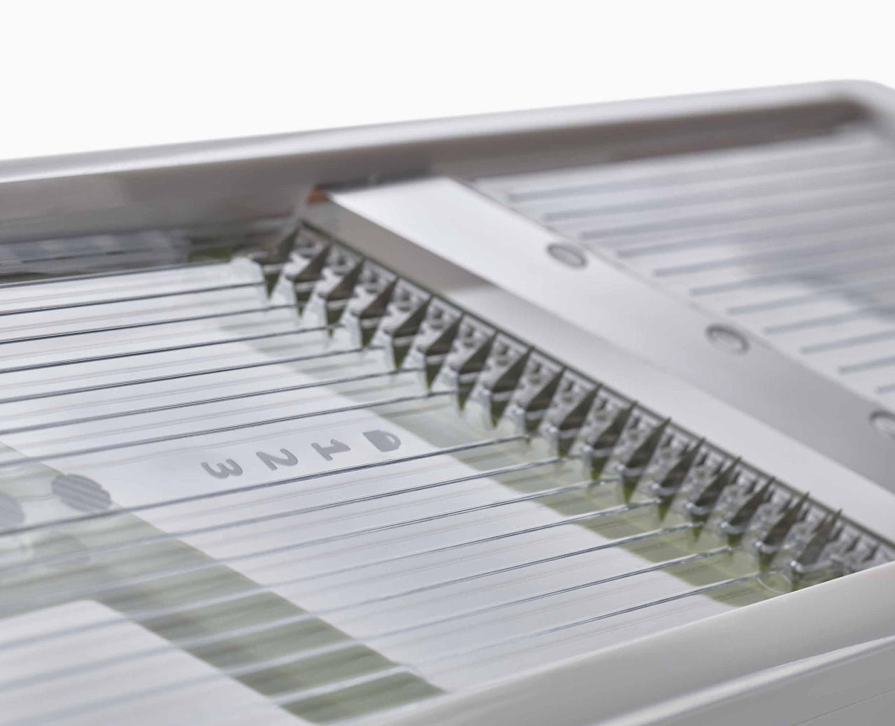 Close-up of mandoline blade track with serrated cutting edge and green guide