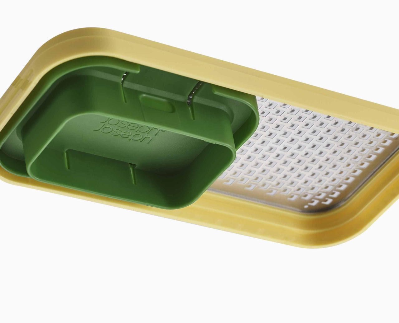 Compact food prep chopper set yellow base with green container insert and stainless grating panel