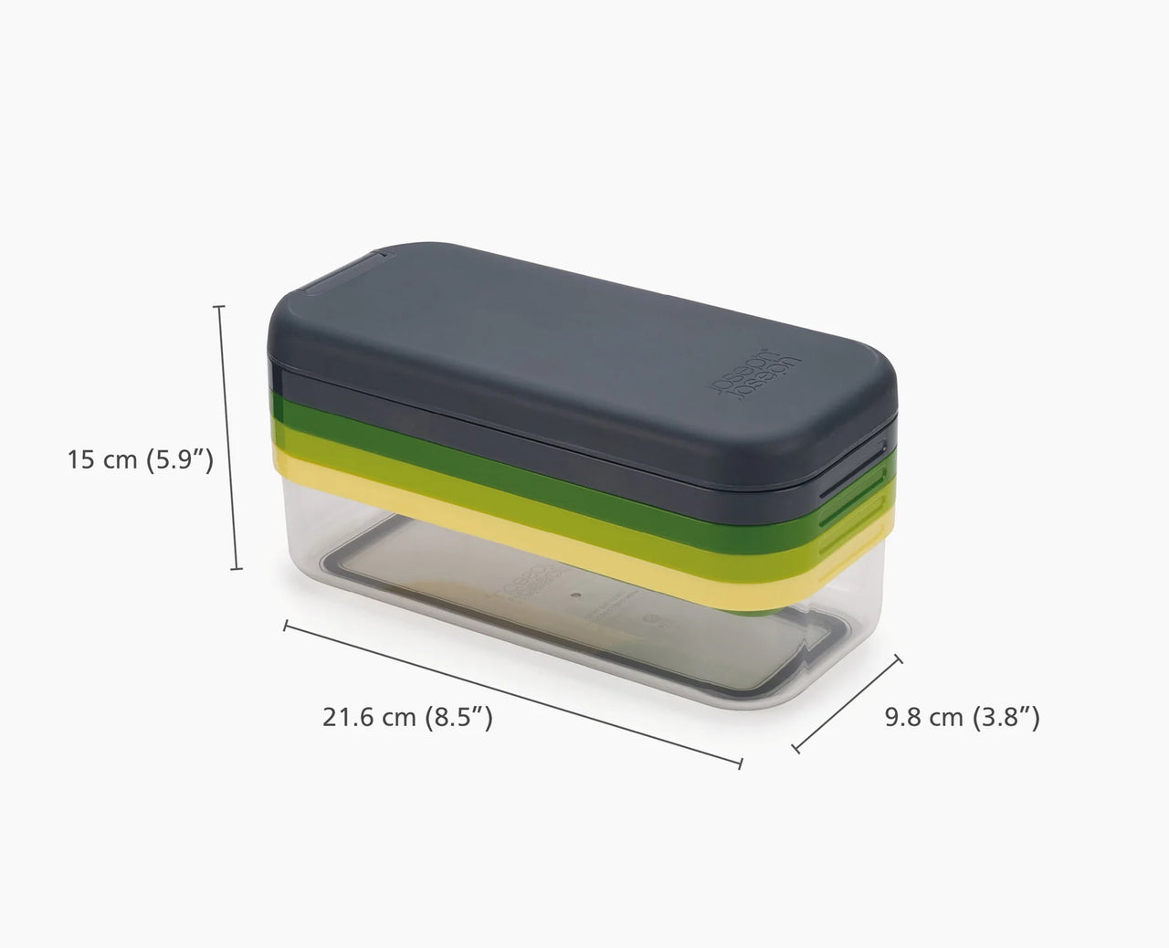 Compact food prep chopper set with dark gray lid, green and yellow base, clear container
