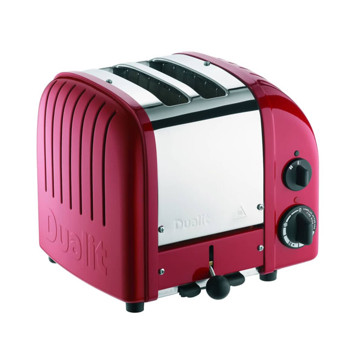 Red Dualit two-slice toaster with browning dial and lever, front view