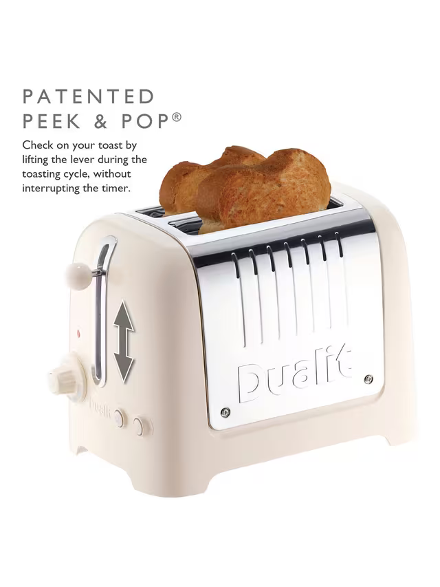 Canvas white toaster with bread slice on top, side lever visible