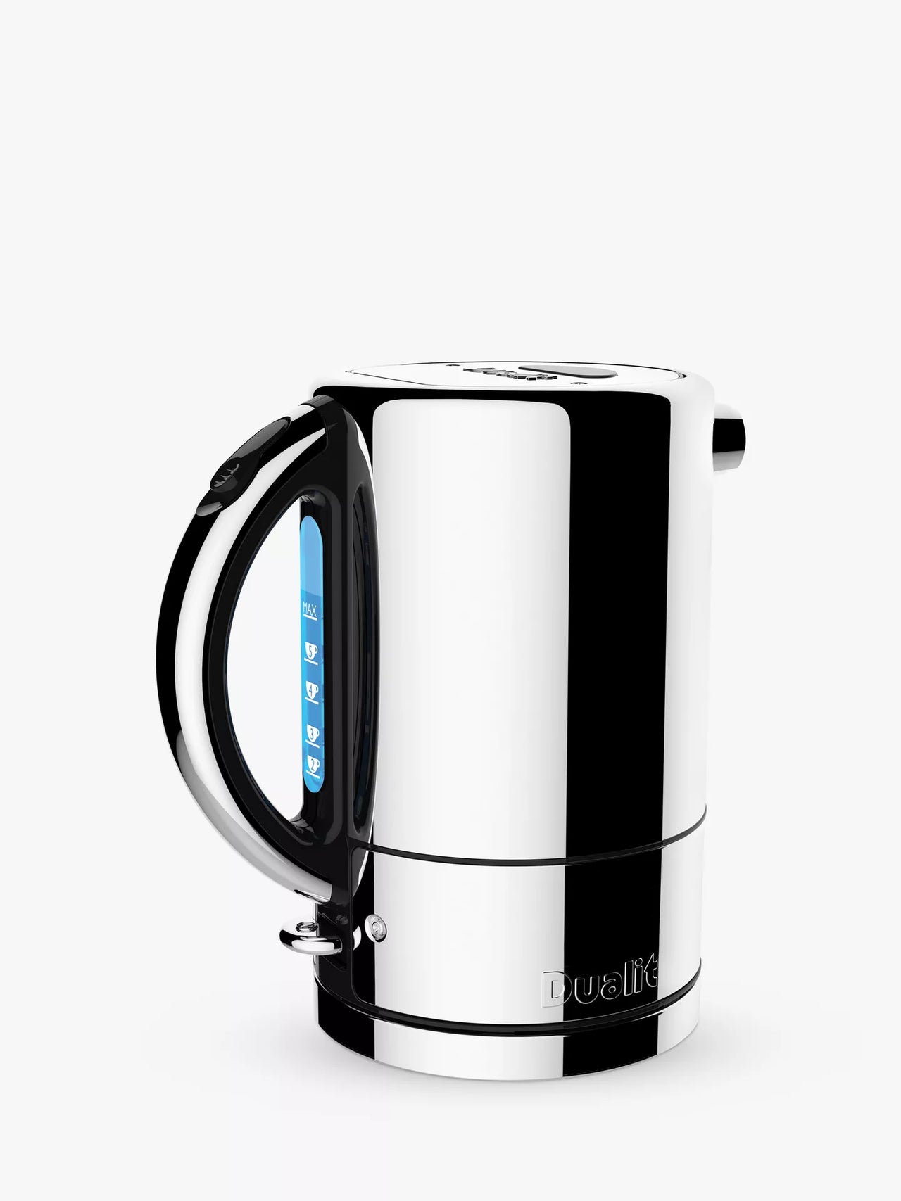 Dualit stainless kettle with black accent panel and push lever, angled front view
