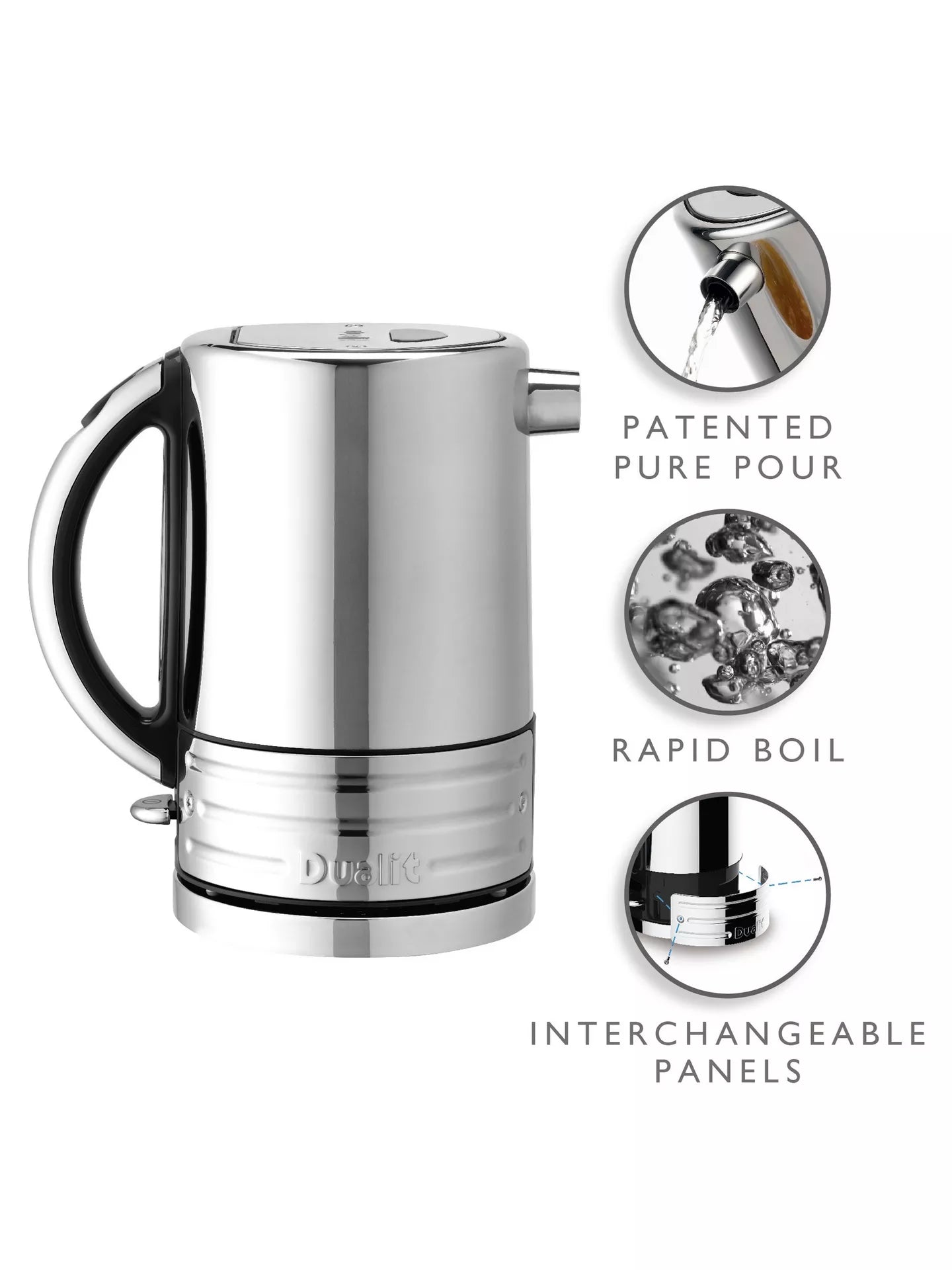 Dualit stainless kettle with black handle, featuring rapid boil and interchangeable panels