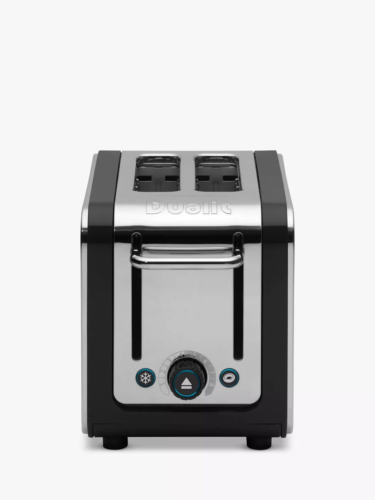 2-slice toaster with stainless top, black sides, and control dial panel