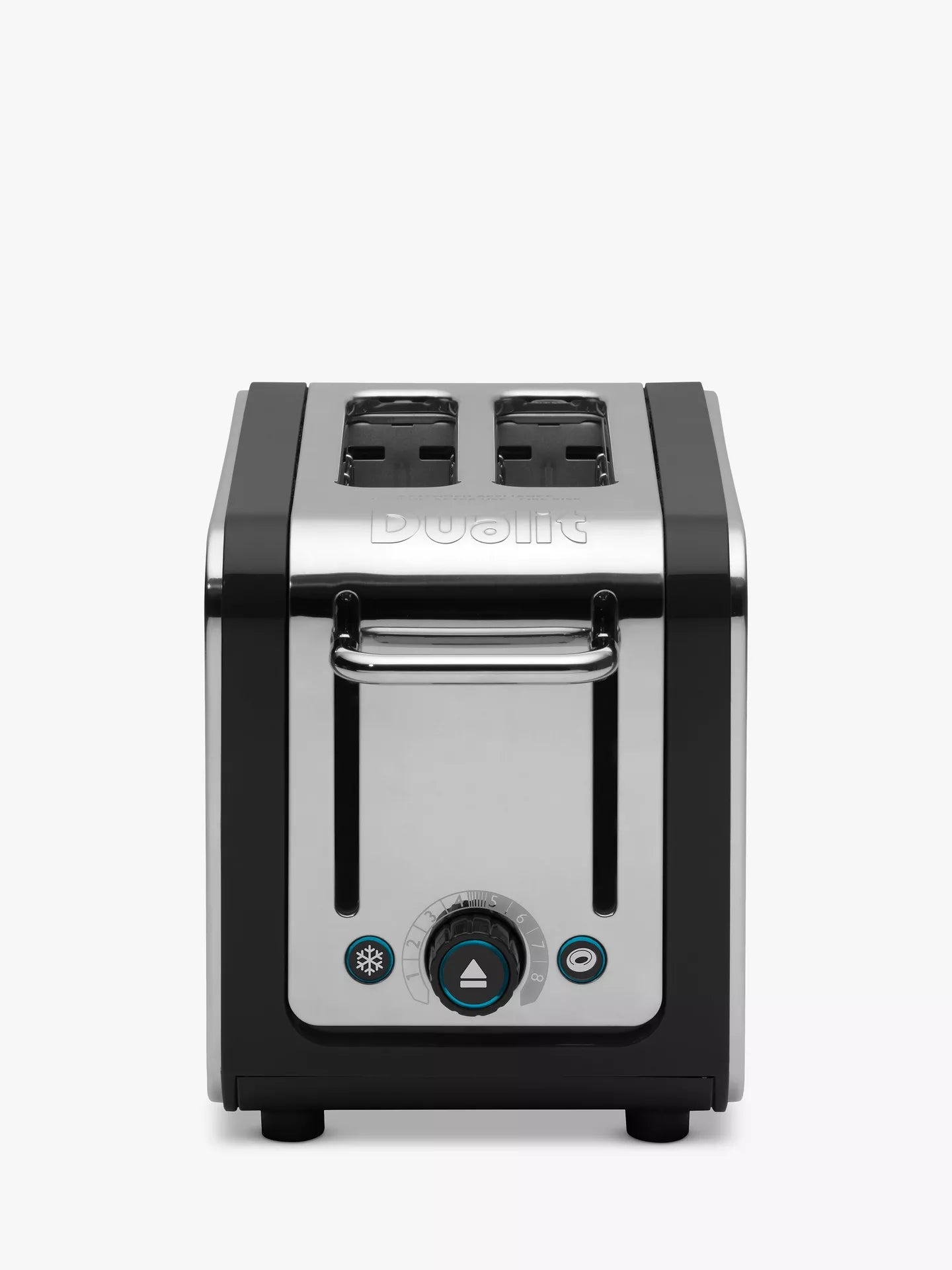 2-slice toaster with stainless top, black sides, and control dial panel