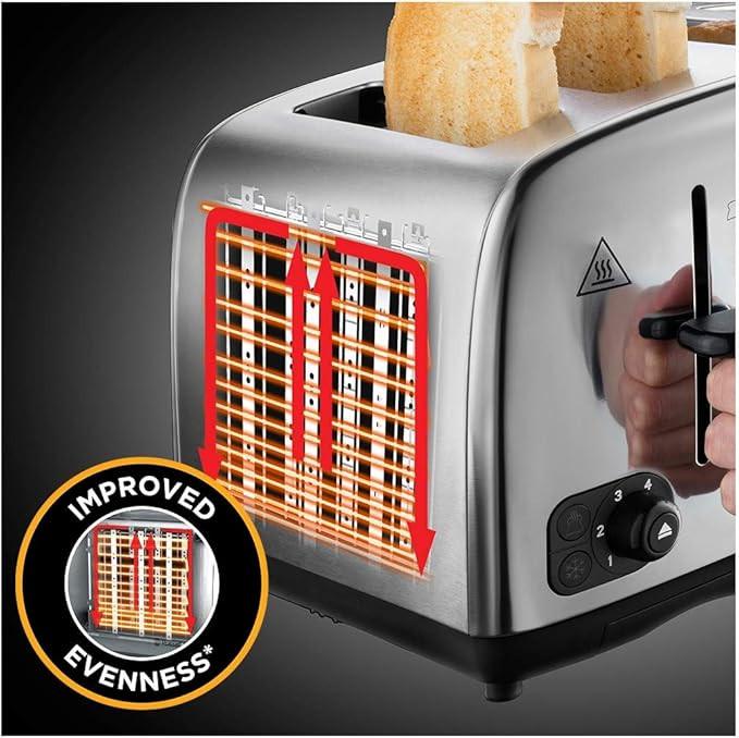 Silver 4-slice toaster showing evenness heating rows and hand adjusting lever