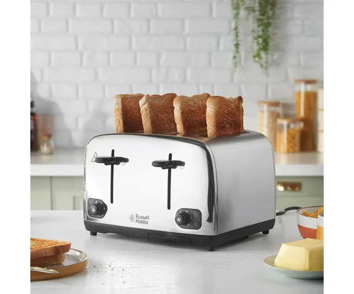 Stainless steel 4-slice toaster with upright bread slices on top